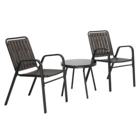 3-Piece Patio Bistro Table Set, Outdoor Furniture Set with 2 Stackable Patio Dining Chairs and Glass Table for Yard Balcony Porch, Black and Coff