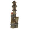 Outdoor Fountain with Birdhouse, Cascading Garden Waterfall Bird Bath with 3-Tier Rustic Tree Trunk & LED Lights for Porch, Deck, Yard, Brown