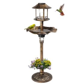 Outdoor Solar Lighted Pedestal Bird Bath Resin Fountain Decoration with Planter and Feeder, Decorative Vintage Bird Feeder for Garden Yard, Bronz
