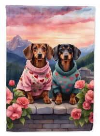 Dachshund Two Hearts House Flag Large Porch Sleeve Pole Decorative Outside Yard Banner Artwork Wall Hanging, Polyester, House Size, Multicolor