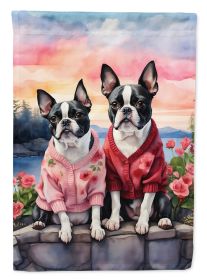 Boston Terrier Two Hearts House Flag Large Porch Sleeve Pole Decorative Outside Yard Banner Artwork Wall Hanging, Polyester, House Size, Multicolor