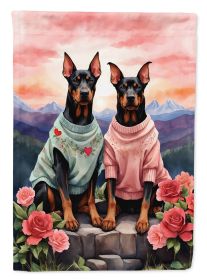 Doberman Pinscher Two Hearts House Flag Large Porch Sleeve Pole Decorative Outside Yard Banner Artwork Wall Hanging, Polyester, House Size, Multicolor