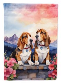 Basset Hound Two Hearts House Flag Large Porch Sleeve Pole Decorative Outside Yard Banner Artwork Wall Hanging, Polyester, House Size, Multicolor