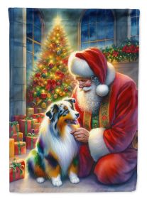 Australian Shepherd and Santa Claus House Flag Large Porch Sleeve Pole Decorative Outside Yard Banner Artwork Wall Hanging, Polyester, House Size