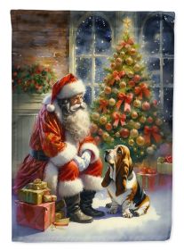 Basset Hound and Santa Claus House Flag Large Porch Sleeve Pole Decorative Outside Yard Banner Artwork Wall Hanging, Polyester, House Size, Multicolor