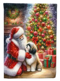 Lhasa Apso and Santa Claus House Flag Large Porch Sleeve Pole Decorative Outside Yard Banner Artwork Wall Hanging, Polyester, House Size, Multicolor