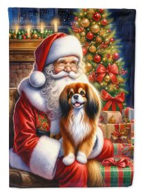 Tibetan Spaniel and Santa Claus House Flag Large Porch Sleeve Pole Decorative Outside Yard Banner Artwork Wall Hanging, Polyester, House Size