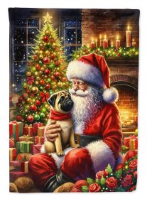 Fawn Pug and Santa Claus House Flag Large Porch Sleeve Pole Decorative Outside Yard Banner Artwork Wall Hanging, Polyester, House Size, Multicolor