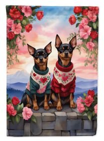 Miniature Pinscher Two Hearts House Flag Large Porch Sleeve Pole Decorative Outside Yard Banner Artwork Wall Hanging, Polyester, House Size