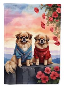 Pekingese Two Hearts House Flag Large Porch Sleeve Pole Decorative Outside Yard Banner Artwork Wall Hanging, Polyester, House Size, Multicolor