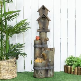 Outdoor Fountain with Birdhouse, Cascading Garden Waterfall Bird Bath with 3-Tier Rustic Tree Trunk / Log Design, LED Lights for Porch, Deck