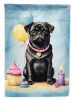 Black Pug Happy Birthday House Flag Large Porch Sleeve Pole Decorative Outside Yard Banner Artwork Wall Hanging, Polyester, House Size, Multicolor
