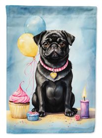 Black Pug Happy Birthday House Flag Large Porch Sleeve Pole Decorative Outside Yard Banner Artwork Wall Hanging, Polyester, House Size, Multicolor