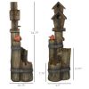 Outdoor Fountain with Birdhouse, Cascading Garden Waterfall Bird Bath with 3-Tier Rustic Tree Trunk & LED Lights for Porch, Deck, Yard, Brown