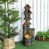Outdoor Fountain with Birdhouse, Cascading Garden Waterfall Bird Bath with 3-Tier Rustic Tree Trunk & LED Lights for Porch, Deck, Yard, Brown