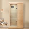 Hemlock Mini one person far infrared door on the left of the indoor sauna room