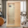 Hemlock Mini one person far infrared door on the left of the indoor sauna room