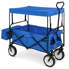 Collapsible Utility Wagon Cart Indoor/Outdoor with Canopy (Color: Blue)
