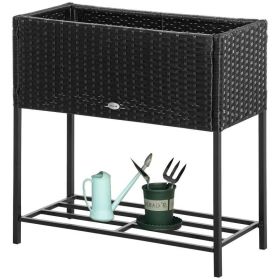 Modern PE Rattan Wicker Raised Garden Bed Elevated Planter Box (Color: Black)