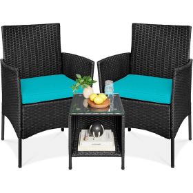 3-Piece Black PE Wicker Outdoor Dining Patio Furniture Set w/Cushions (Color: Teal Blue)