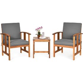 3-Piece Solid Wood Outdoor Patio Furniture Chairs Table Set with Cushions (Color: Grey)