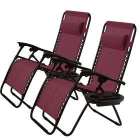 Set of 2 Folding Outdoor Zero Gravity Lounge Chair (Color: Burgandy Red)