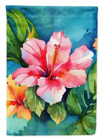 Hawaii Hawaiian Hibiscus in Watercolor House Flag Large Porch Sleeve Pole Decorative Outside Yard Banner Artwork Wall Hanging, Polyester, House Size (Default: Default)