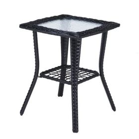 Outdoor Wicker Side Table, Rattan End Table with Glass Top, Patio Coffee Bistro Table for Indoor Garden Porch Balcony (Color: Black)