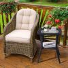 Outdoor Wicker Side Table, Rattan End Table with Glass Top, Patio Coffee Bistro Table for Indoor Garden Porch Balcony