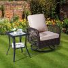 Outdoor Wicker Side Table, Rattan End Table with Glass Top, Patio Coffee Bistro Table for Indoor Garden Porch Balcony