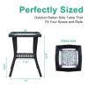 Outdoor Wicker Side Table, Rattan End Table with Glass Top, Patio Coffee Bistro Table for Indoor Garden Porch Balcony